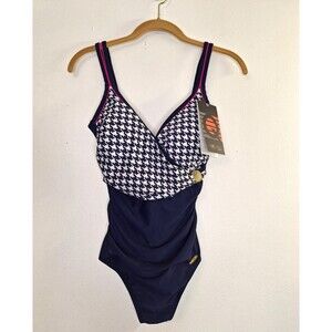 AQUARILLA Navy Houndstooth One Piece Swimsuit Women's Sz 6 Beachy Resort‎ Vacay